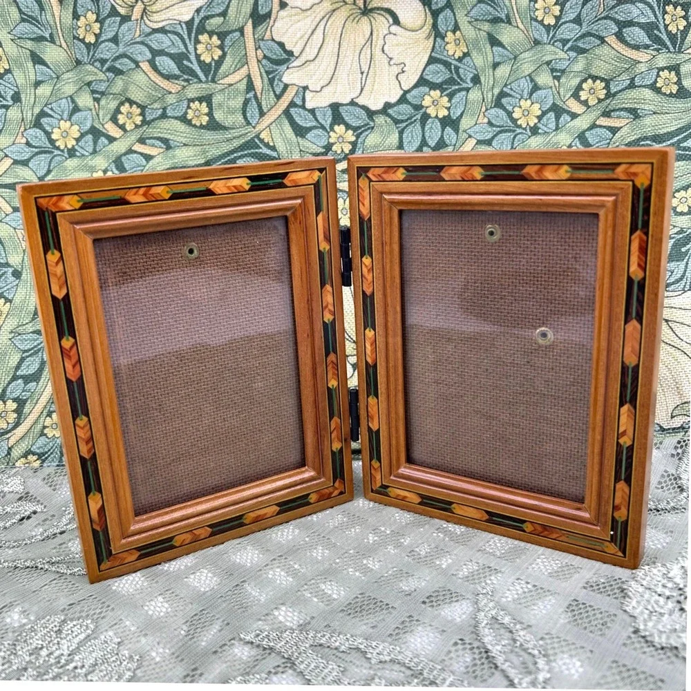 Vintage Wood Inlay Fetco Marquetry Double Frame Standing Wooden